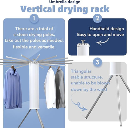 Tripod Clothes Drying Rack, Laundry Drying Rack for Clothing, Foldable Collapsible Space-Saving Umbrella Dryer with 16 Rods, Floor Standing Rack for Indoor Outdoor Use, Aluminum