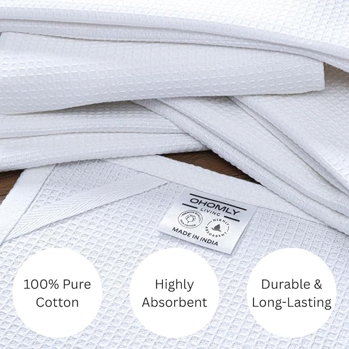 Waffle Kitchen Towels 100% Cotton Set of 6 - Heavy Duty 320 GSM Quality Dish Cloths - Soft Absorbent Washable for Kitchen Use - Quick Drying Dish Towel 16x26 inch White