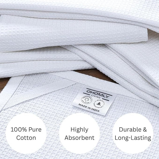 Waffle Kitchen Towels 100% Cotton Set of 6 - Heavy Duty 320 GSM Quality Dish Cloths - Soft Absorbent Washable for Kitchen Use - Quick Drying Dish Towel 16x26 inch White