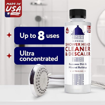 IMPRESA Shower Head Cleaner Solution for Hard Water - 8 fl oz Unscented - Lime Deposit Remover & Descaler for Shower Heads - Restores Water Flow - Made in USA