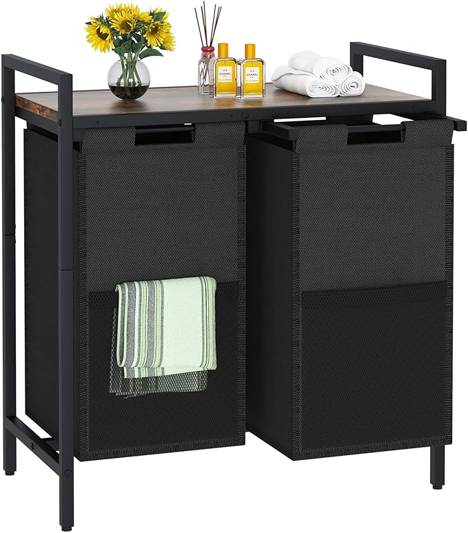 Laundry Hamper, double Laundry Basket, Laundry Sorter with Top Shelf & 2 Removable Washable Bags & Side Pockets for Laundry Room organization, Bathroom and Dorm, Rustic Brown and Black