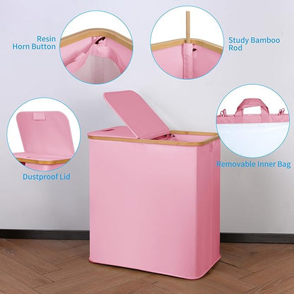 efluky Laundry Hamper with Lid, Double Laundry Hamper with 2 Removable Bags, 2 Section Laundry Basket with Bamboo Handles for Bathroom, Bedroom & Laundry Room (Pink, 140L Dual)