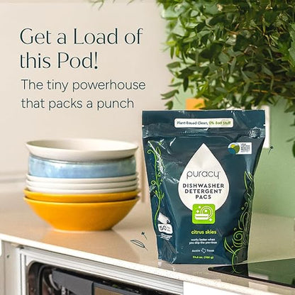 Puracy Dishwasher Pods, Natural Dishwasher Detergent, Citrus Skies Dish tabs - Enzyme-Powered, Spot & Residue Free - TikTok Trend Items, Must Haves from TikTok (Citrus Skies, 50 Count - 2 Pack)