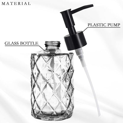 2Pcs Clear Glass Soap Dispenser with Pump, 11oz Diamond Design Refillable Soap Dispenser for Hand Wash, Dish Wash for Dishwashing Liquid, Lotions, Essential Oil