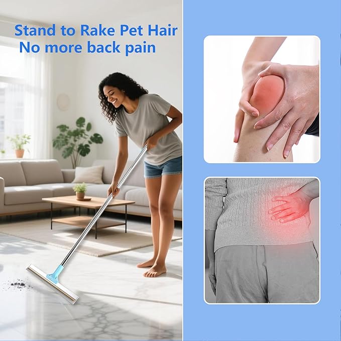 2 in 1 Carpet Rake for Pet Hair Removal Tool 54" Long Handle Rug Rake Dog Cat Hair Remover Broom with Dog Hair Grooming Glove Metal Pet Hair Removal Pro for Woodfloor Mat Stair Couch Car (Blue)