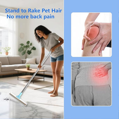 2 in 1 Carpet Rake for Pet Hair Removal Tool 54" Long Handle Rug Rake Dog Cat Hair Remover Broom with Dog Hair Grooming Glove Metal Pet Hair Removal Pro for Woodfloor Mat Stair Couch Car (Blue)