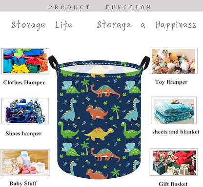 KUNRO Round Dinosaur Laundry Gift Basket Storage Hamper, Clothes Storage Organizer Bins, Shelf Basket with Handles for Room Decor