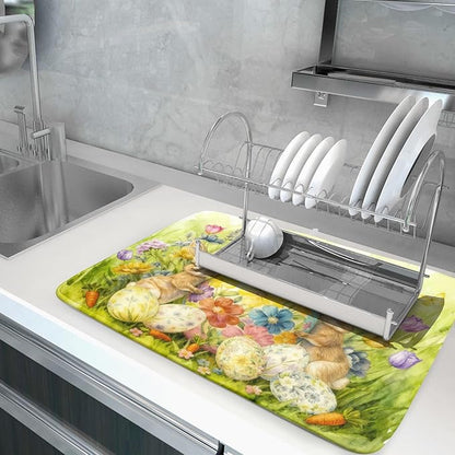 Easter Egg Dish Drying Mat 18x24 Inch Bunny Floral Green Drying Pad for Kitchen Counter Washable