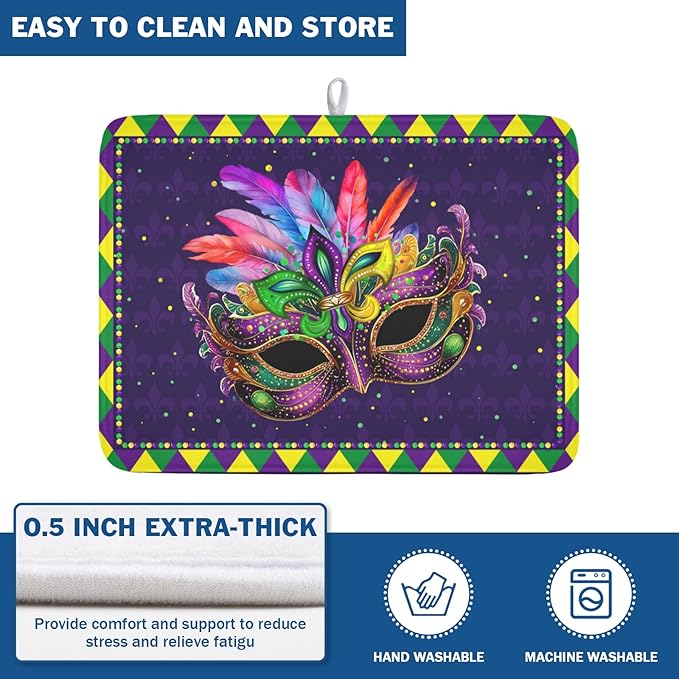 Mardi Gras Dish Drying Mat for Kitchen Counter Masquerade Mask Feather Drying Mats Absorbent Reversible Microfiber Washable Draining Pad Washable Dry Mat 18x24 Inch