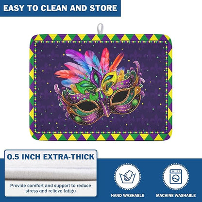 Mardi Gras Dish Drying Mat for Kitchen Counter Masquerade Mask Feather Drying Mats Absorbent Reversible Microfiber Washable Draining Pad Washable Dry Mat 18x24 Inch