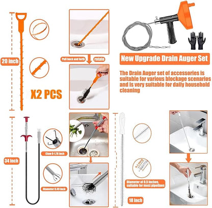 Drain Snake Auger 33 Feet, Plumbing Snake Drain Hair Clog Removal Tool, Sink Unclogger Drain, Heavy Duty Toilet Snake Auger, Cleaner Tool for Bathroom Kitchen Tub Shower Drain Clog Remover with Gloves