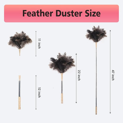Extendable Ostrich Feather Duster, Natural Ostrich Feathers Long Handle Duster for Cleaning, 47” Soft & Fluffy Feather Duster for High Ceilings, Fans, Walls, Furniture, Home Dusting