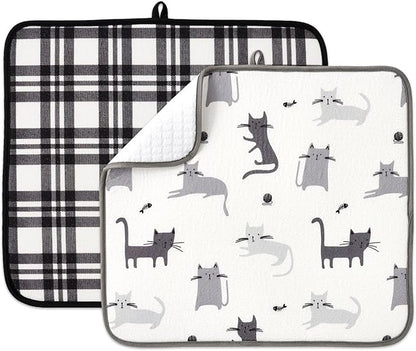 FRESHMINT Printed Dish Drying Mat Set for Kitchen Counter Absorbent Reversible Drying Mats Microfiber Kitchen Countertop Protector Dishes Pad 2 Pack Large Dish Drainer Rack Mat, 18" x 16"