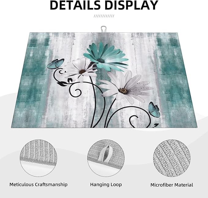 Floral Dish Drying Mat 18x24 Inches For Kitchen Counter Summer Spring Teal Blue Daisy Flower Kitchen Decoration Drying Mat Modern Decorative Drying Pad For Home Kitchen Decor,Dining Room,Office