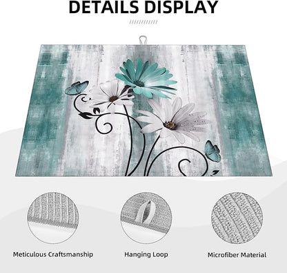 Floral Dish Drying Mat 18x24 Inches For Kitchen Counter Summer Spring Teal Blue Daisy Flower Kitchen Decoration Drying Mat Modern Decorative Drying Pad For Home Kitchen Decor,Dining Room,Office