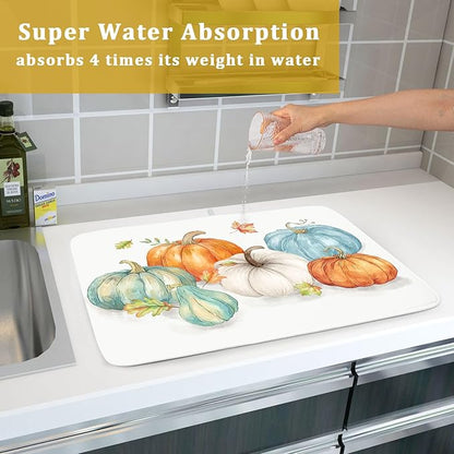 Fall Watercolor Pumpkin Leaf Dish Drying Mat 18 x 24 Inch With Absorbent Reversible Microfiber Autumn Thanksgiving Harvest Drying Mats Dish Drainer Mat Fast Dry For Kitchen Dining Room Decoration