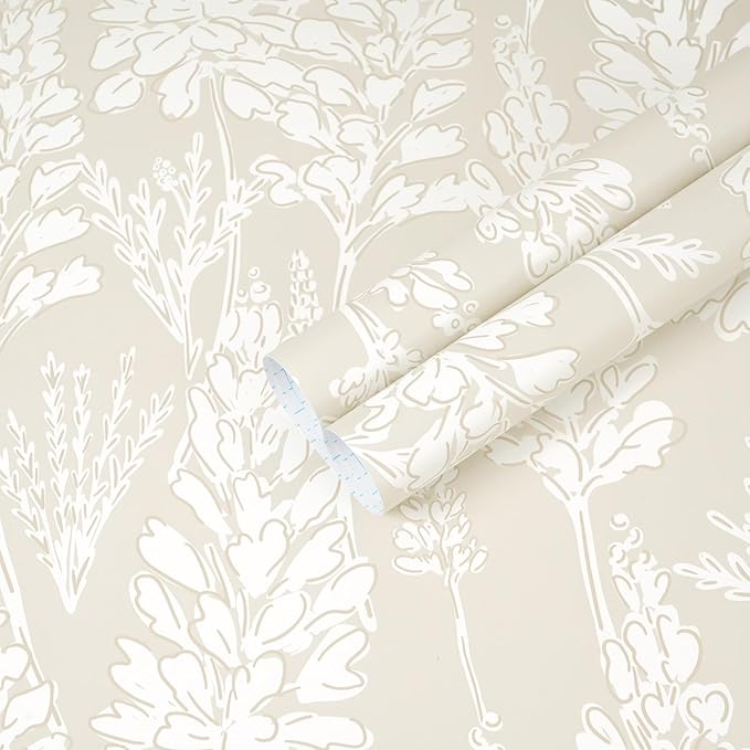 Ismoon Floral Peel and Stick Wallpaper Boho Beige Contact Paper 17.3" x 393" Neutral Wallpaper Renter Friendly Removable Self-Adhesive Wall Paper for Bedroom Kitchen Wall Decor Vinyl