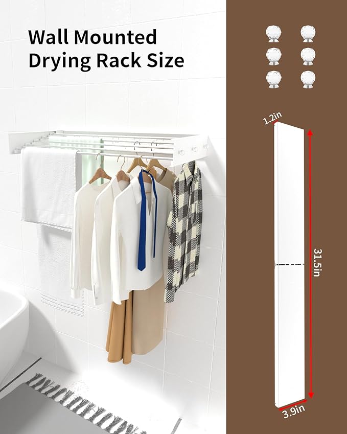 YLGJ&TIDY Wall Mounted Clothes Drying Rack, 31.5" Laundry Drying Rack, Clothes Drying Rack Foldable with 5 Rods 6 Hooks,Floor Space Saving Dry Rack for Clothes