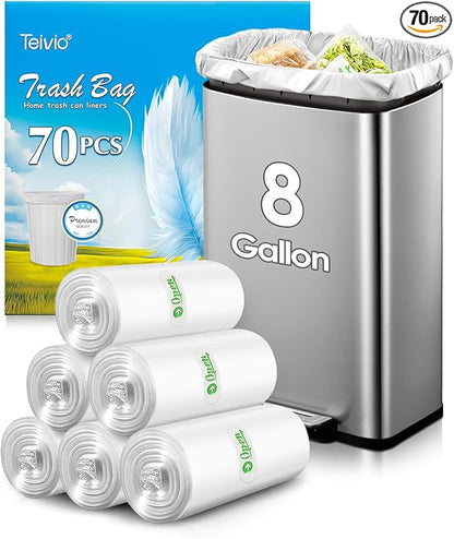 8 Gallon 70 Counts Unscented Medium Trash Bags,Fit 7,8,9,10 Gal Garbage Bags by Teivio, 30 Liter Thick Bathroom Can Bin Liners,Plastic Bags for Home Office Kitchen, Clear
