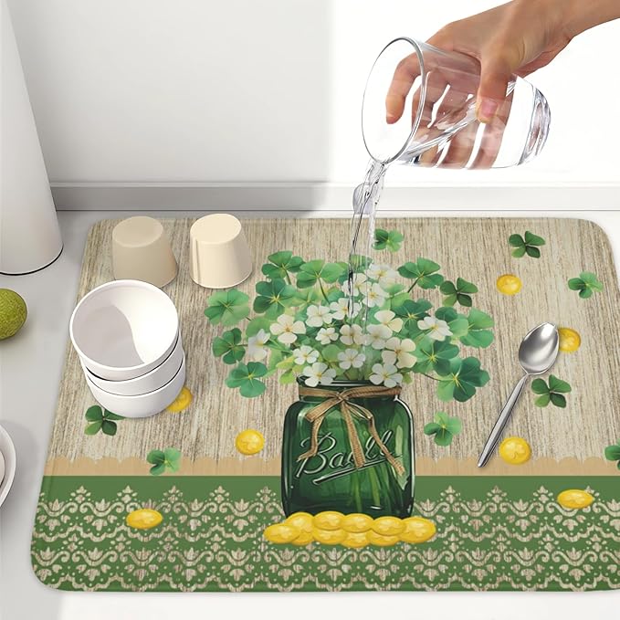 St Patricks Day Dish Drying Mat for Kitchen Counter Spring Holiday Green Lucky Shamrock Vase Drying Mat 18x24 Inch Absorbent Dish Drainer Mat Kitchen Accessories