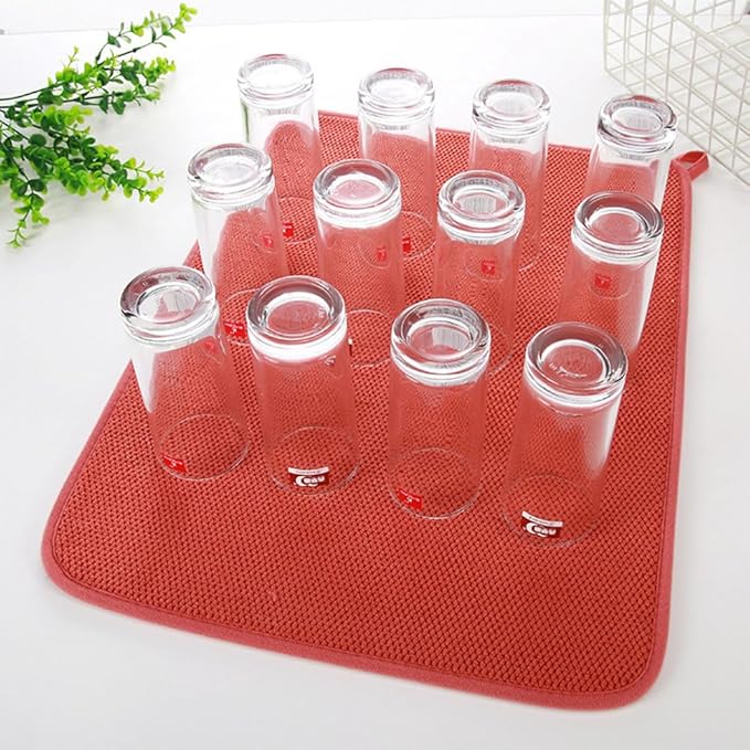 2 Pcs Microfiber Dish Drying Mats for Kitchen Countertop, Absorbent Dish Drying Pad, 15 x 20 Inch, Dishes Drainer Pad for Kitchen Counter, Washable Dish Drainer Mats for Drainer Racks, Sinks (Red)