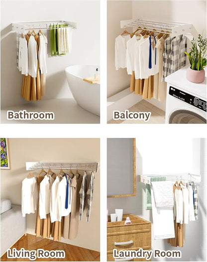 YLGJ&TIDY Wall Mounted Clothes Drying Rack, 31.5" Laundry Drying Rack, Clothes Drying Rack Foldable with 5 Rods 6 Hooks,Floor Space Saving Dry Rack for Clothes