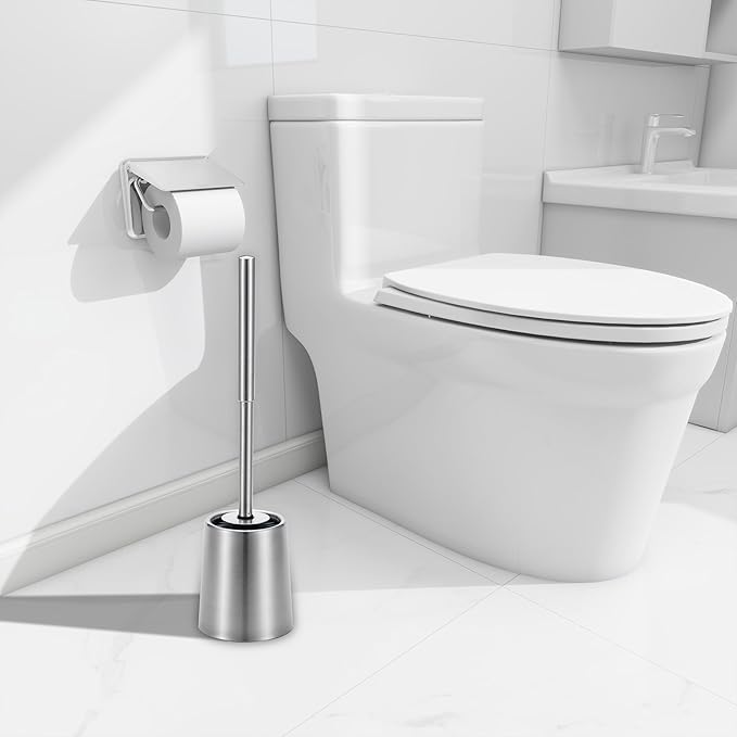SUS304 Stainless Steel Toilet Brush and Holder Silicone Bathroom Brush TPE Brush Head Toilet Cleaner for Bowl Bathroom Cleaning Brush Caddy Cepillo de Baño Brushed Silver