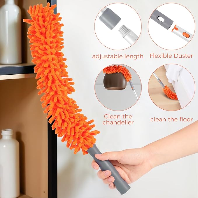 wlich Ceiling Fan Cleaner Kit with 77" Extension Pole, Reusable Chenille Brush for Fan Blades (Up to 8in), Cobwebs, Walls, and Furniture (Orange)