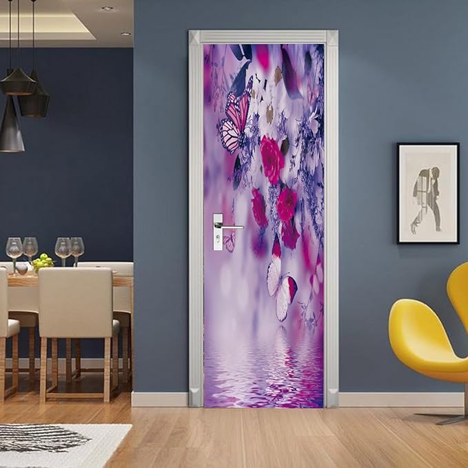A.Monamour 3D Door Stickers for Interior Doors Red White Flowers and Butterflies Vinyl Waterproof Self Adhesive Door Mural Decals for Bedroom Office Bathroom 77x200cm