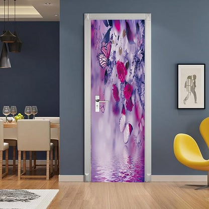 A.Monamour 3D Door Stickers for Interior Doors Red White Flowers and Butterflies Vinyl Waterproof Self Adhesive Door Mural Decals for Bedroom Office Bathroom 95x215cm