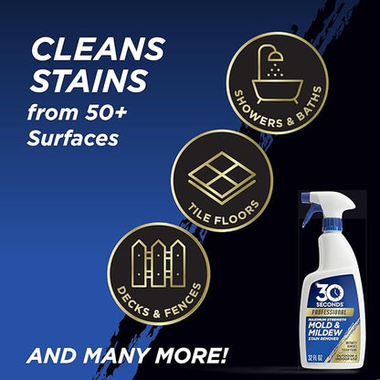 30 SECONDS Pro Mold and Mildew Stain Remover | Scrub Free | Brighter Results Instantly | Ready To Use | 32 oz Spray Bottle, 1 Gallon Refill
