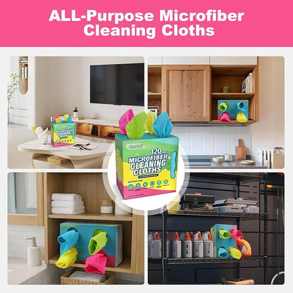 Microfiber Cleaning Cloth, 120 Pack Reusable Paper Towels Microfiber Towels for Cars Lint Free Washable Tissues Shop Rags with Dispenser Box for Home Kitchen Automotive, 11"x 9", Multicolor