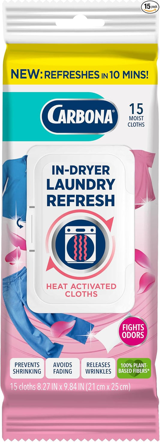 Carbona Laundry Refresh Dryer Sheets 15ct | Odor Eliminator, Wrinkle Releaser, Fabric Softener | Heat-Activated, Static Reducer, Prevents Shrinking & Fading | Quick Clothes Refresh