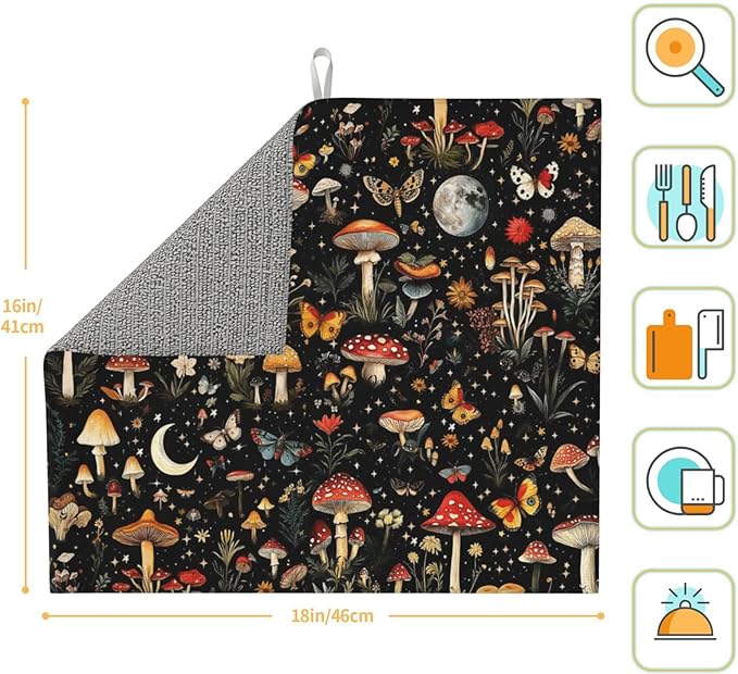 Black Forest Mushroom Butterfly Dish Drying Mats, Absorbent Microfiber Cute Decorative Kitchen Counter Mat, 16 x 18 inch, Washable, Reusable, Foldable for Dishes Utensils, Small Appliances, Home Decor
