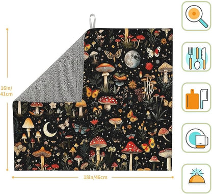 Black Forest Mushroom Butterfly Dish Drying Mats, Absorbent Microfiber Cute Decorative Kitchen Counter Mat, 16 x 18 inch, Washable, Reusable, Foldable for Dishes Utensils, Small Appliances, Home Decor