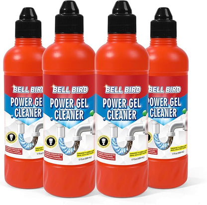 Bell Bird Drain Clog Remover & Pipe Cleaner - Thick Power Gel Dissolves Hair, Grease, and Soap Scum - Septic Safe Odor Eliminator for Kitchen Sinks, Tubs, Showers & Toilets (Pack of 4)