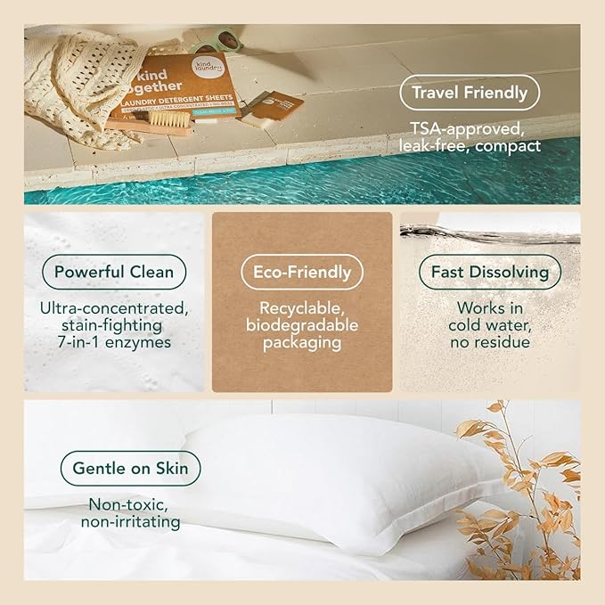 Kind Laundry Detergent Sheets with Stain-Fighting Enzymes - Plant Powered Eco-Friendly Laundry Soap Sheets - Home or Travel Laundry Detergent - Ocean Breeze, 32 Loads (Mom's Choice Award Winner)
