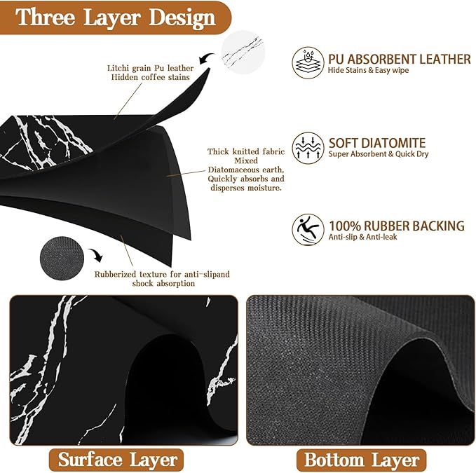 Absorbent Coffee Mat, 24"x16" Dish Drying Mat Coffee Mat Bar Accessories, Hide Stain Rubber Backed Absorbent Dish Drying Mat for Kitchen Counter Fits Under Coffee Maker or Machine (Black)