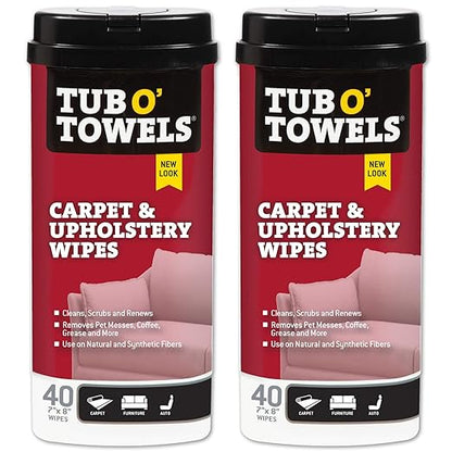 Tub O' Towels Carpet, Rug, and Upholstery Cleaning Wipes - Extra Strength Stain Remover, Odor-Fighting Power, Safe on Natural & Synthetic Fibers, 40-7” x 8” Wipes Per Tub, 2-Pack, Light Citrus Scent