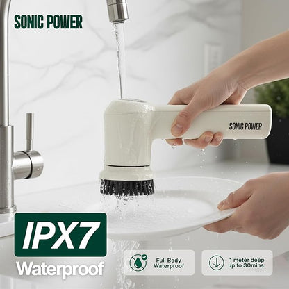 Electric Spin Scrubber – Handheld & Ergonomic, IPX7 Waterproof, 4 Multi-Purpose Brush Heads, Long-Lasting Rechargeable Battery – Cleans Dishes, Bathroom, Tile, Grout & Kitchen (Beige)