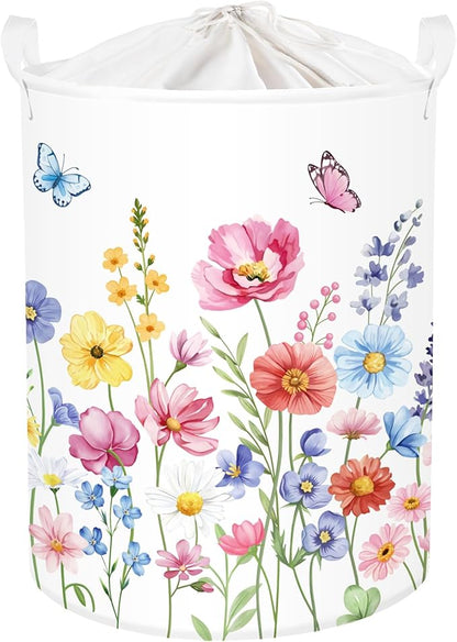 Colourful Flowers Laundry Hamper Large Storage Basket Floral Collapsible Adult Organizer Kids Clothes Toys Bins for Bedroom, Bathroom, Pinkish Purple, 63L