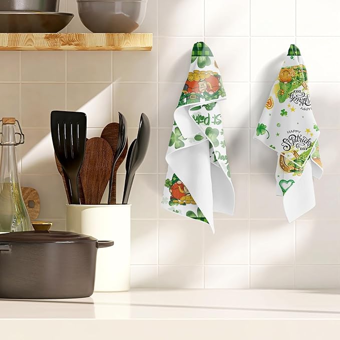 St Patrick's Day Kitchen Towels 16x24 Inch Green Shamrock Hand Towels Rae Dunn St Patricks Day Bathroom Dish Towels Decorations Irish Tea Towels Decoration for Kitchen Bathroom