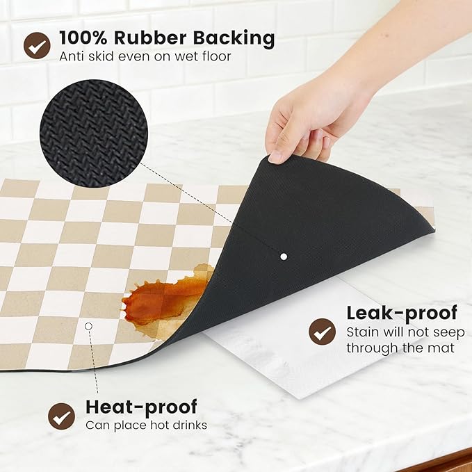 17" x 32" Checkered Dish Drying Mat for Kitchen Counter, Absorbent Coffee Bar Mat for Espresso Machine Coffee Countertops Accessories (Khaki)