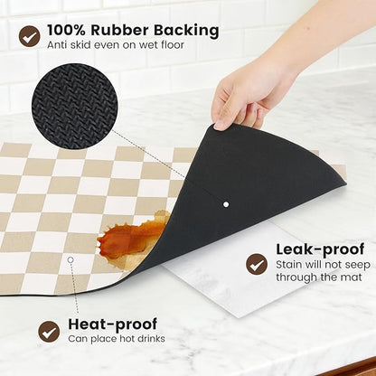 17" x 32" Checkered Dish Drying Mat for Kitchen Counter, Absorbent Coffee Bar Mat for Espresso Machine Coffee Countertops Accessories (Khaki)