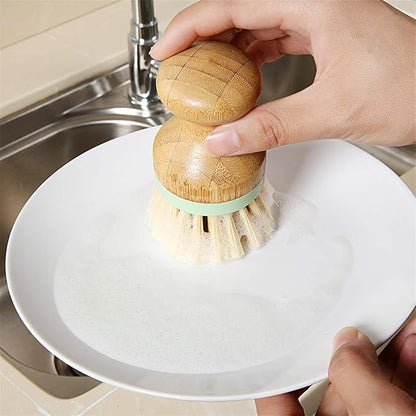 4 Pieces Bamboo Dish Scrub Brush with Holders Wooden Bamboo Round Scrubbers Stiff Bristles Pot Brushes for Wash Dishes, Pots, Pans, Kitchen Iron Pot Pan Sink(Classic Style,Green)
