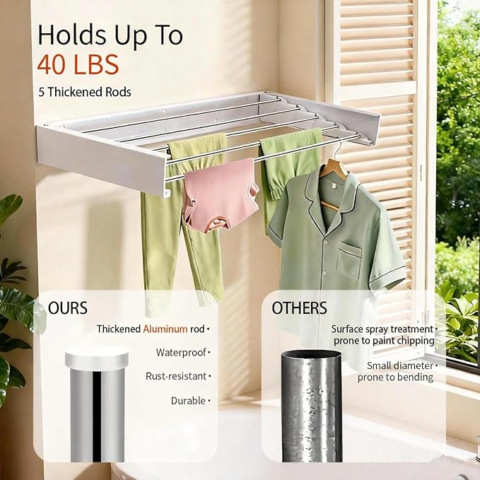 Wall Mounted Drying Rack 31.5'', Foldable Wall Clothes Drying Rack, Space Saving Laundry Drying Rack, Heavy Duty Clothes Drying Rack 5 Rods, Collapsible Clothing Rack for Bathroom Balcony