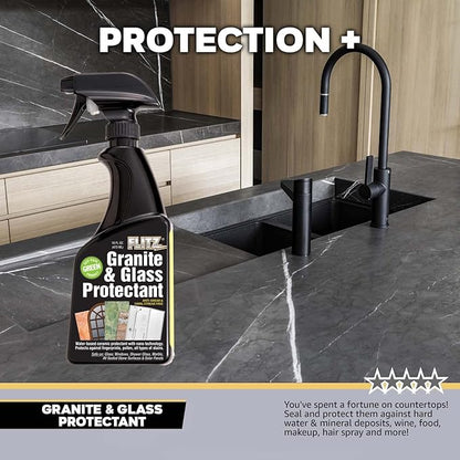 Flitz Granite & Glass Protectant - 16oz Bottle of USA-Made Granite Sealer and Glass Countertop Protector - Cleans & Prevents Liquid, Stains, & Others - Also Works on Marble & All Metals (12 Pack)