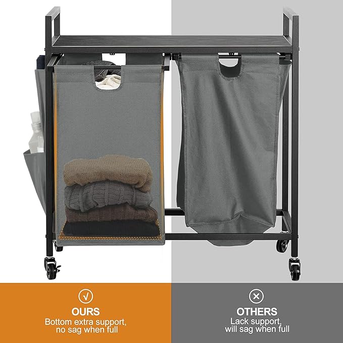 WOWLIVE Double Laundry Hamper with Lid,Rolling Laundry Basket Organizer with Wheels, Iron-Made Laundry Sorter with Top Shelf and 2 Removable Bags,Large Clothes Storage for Room,Gray