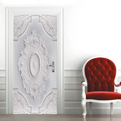 A.Monamour 3D Door Stickers for Interior Doors Luxury White Wall Design with Flowers Relief Moldings Vinyl Waterproof Self Adhesive Door Mural Decals for Bedroom Office Bathroom 85x200cm