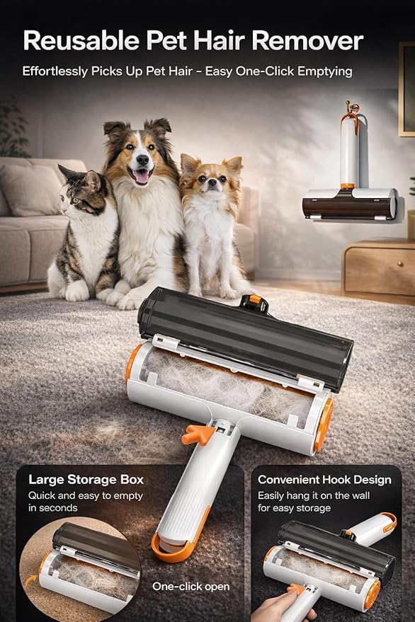Pet Hair Remover for Furniture, Reusable Lint Roller for Pet Hair, Self Cleaning Pet Hair Remover for Couch, Carpet, Rugs, Car Seats & Bedding, Cat and Dog Hair Remover Tool